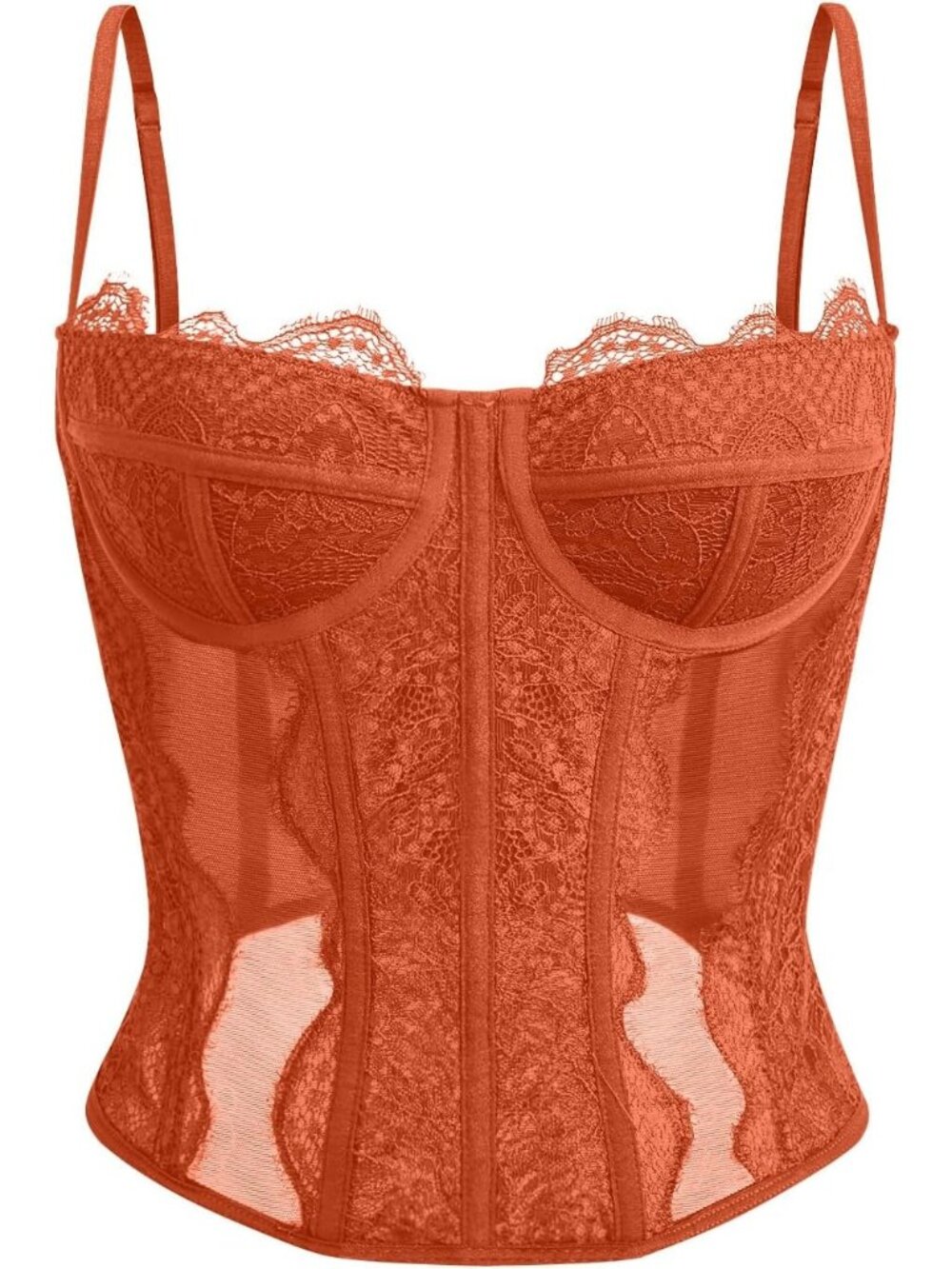 Women's Orange Boned Lace Mesh Underwire Bustier Spaghetti Strap Corset Tank Top